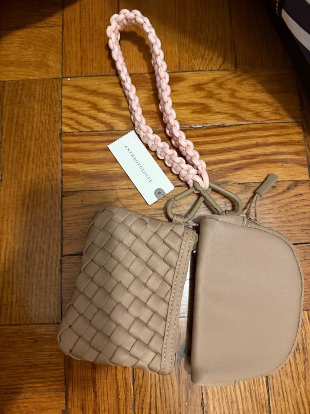Anthropologie Taupe Woven Double Pouch Wristlet with Pink Braided Strap